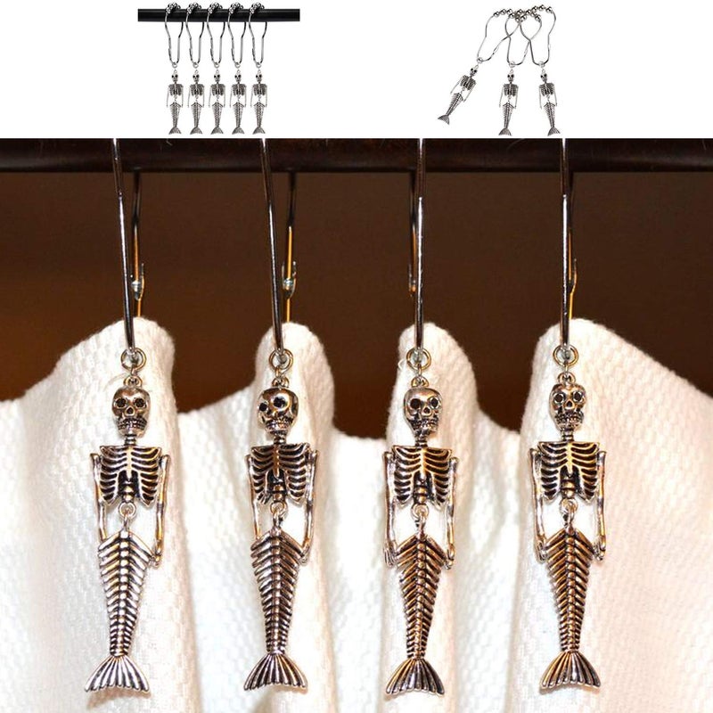 ZILucky 12Pcs Mermaid Skeleton Shower Curtain Hooks Halloween Decorative Home Bathroom Decor Rustproof Skeletons Shower Curtain Rings (Mermaid Skull Silver) - Image 5